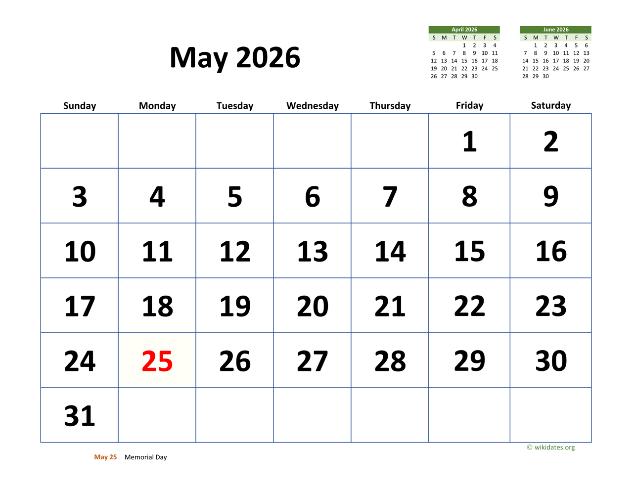 May 2026 Calendar With Extra large Dates WikiDates