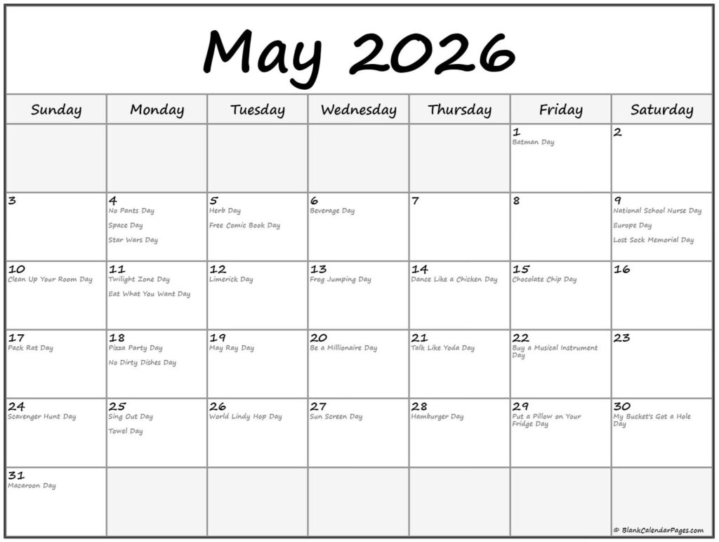 May 2026 With Holidays Calendar