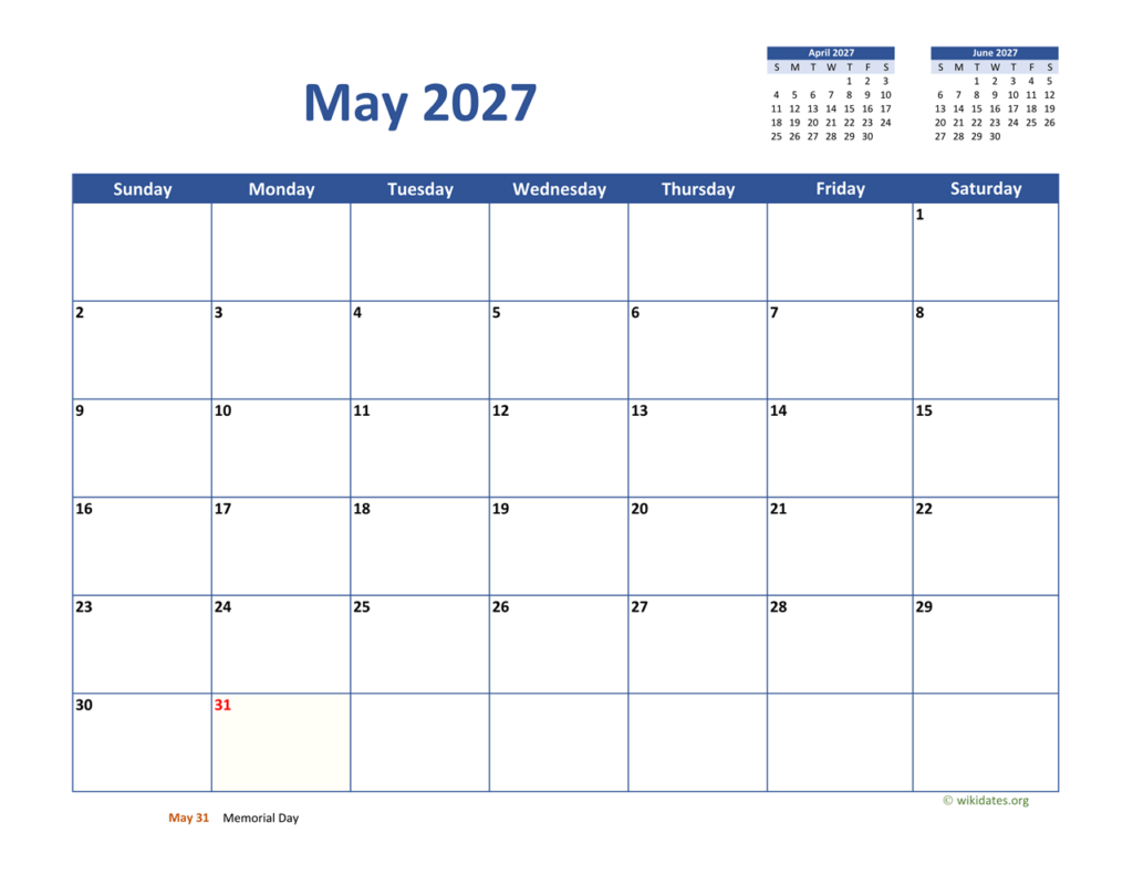 May 2027 Calendar Classic WikiDates