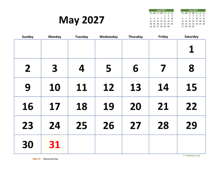 May 2027 Calendar With Extra large Dates WikiDates