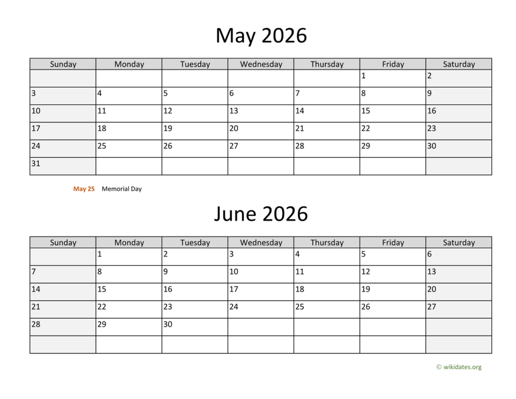 May And June 2026 Calendar WikiDates