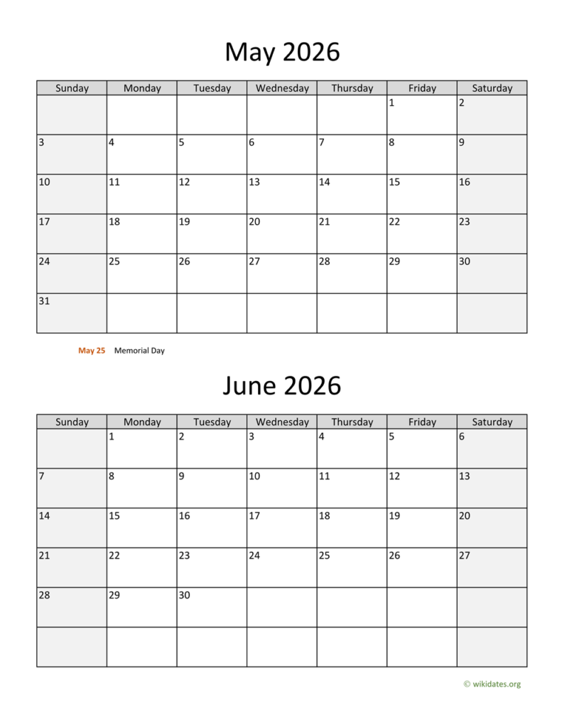 May And June 2026 Calendar WikiDates