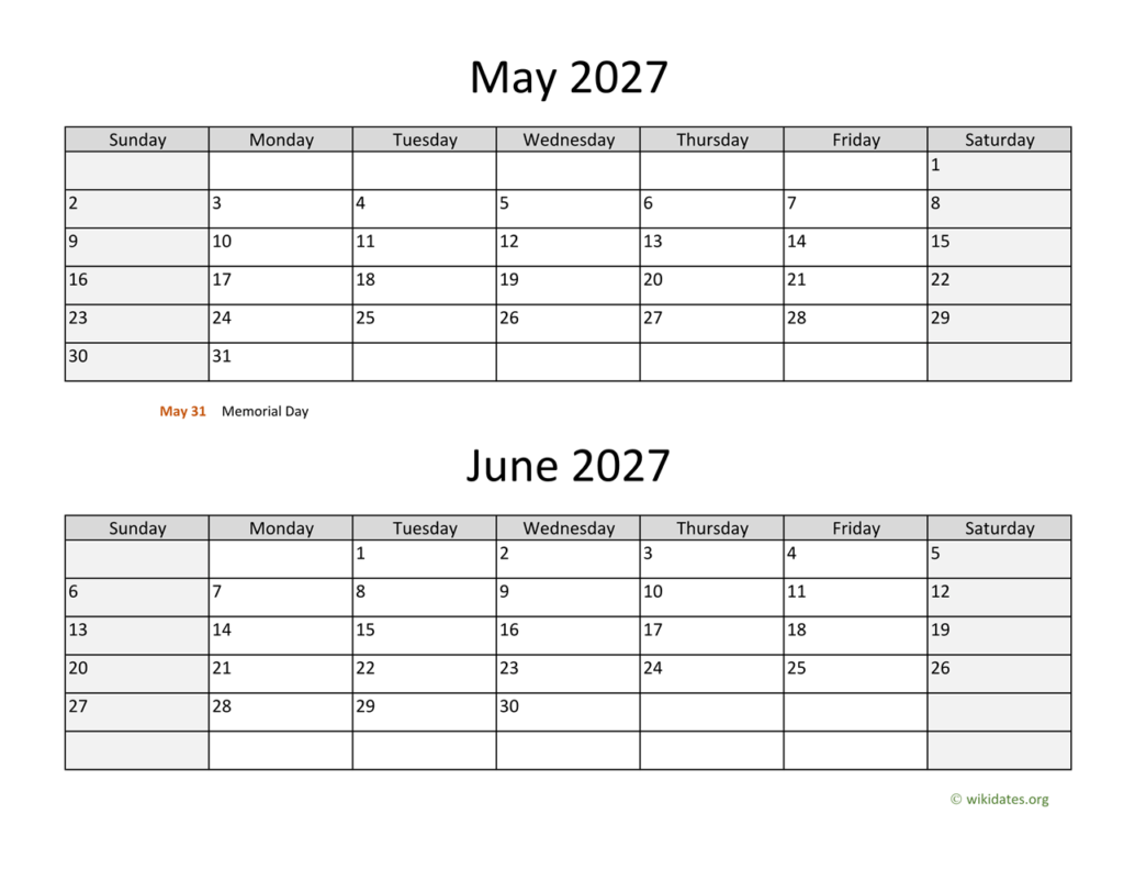 May And June 2027 Calendar WikiDates