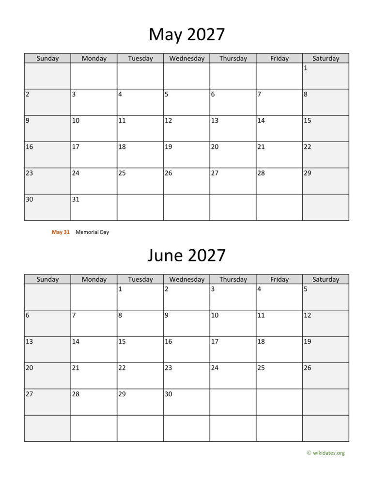 May And June 2027 Calendar WikiDates