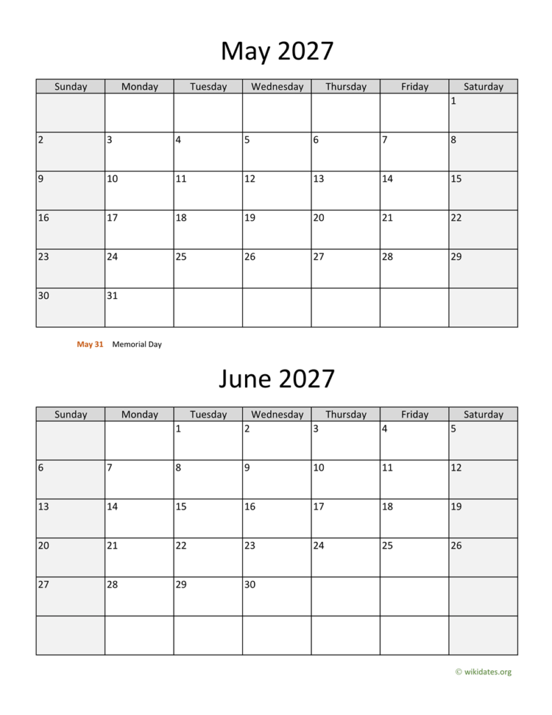 May And June 2027 Calendar WikiDates