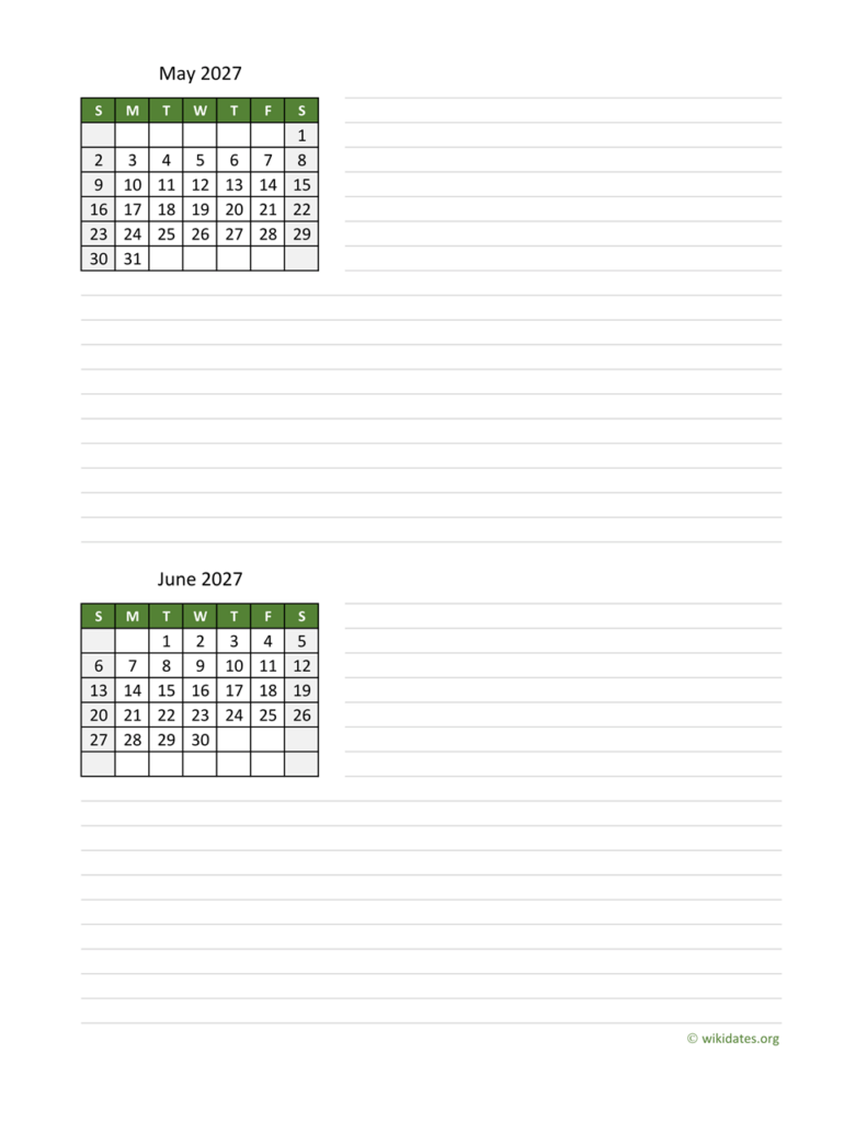 May And June 2027 Calendar WikiDates