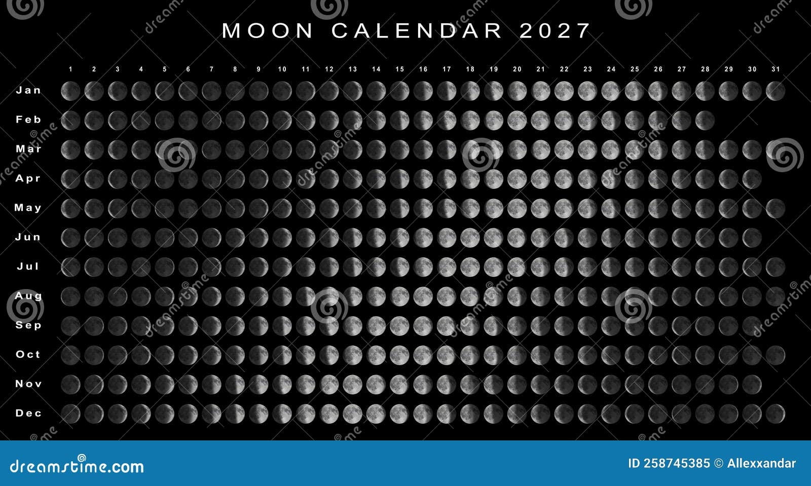 Moon Calendar 2027 Northern Hemisphere Stock Illustration