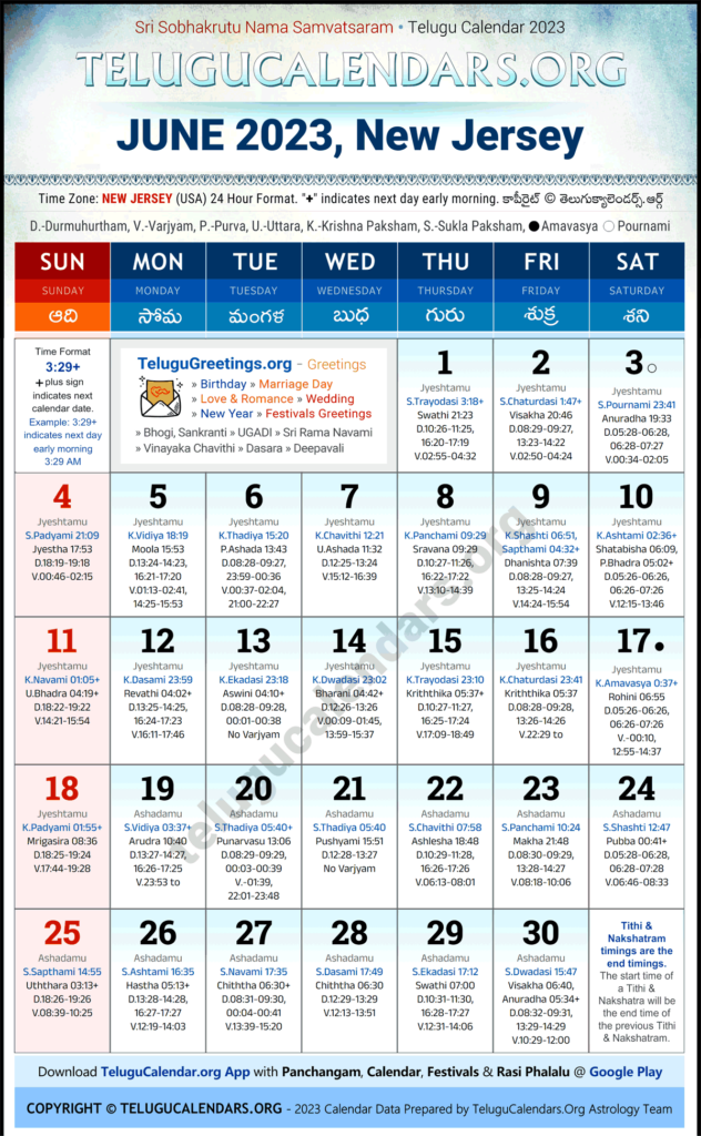 New Jersey 2023 June Telugu Calendar Festivals Holidays In English 