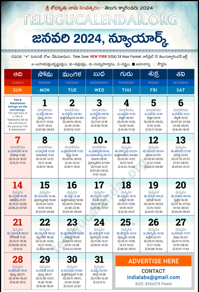 New York Telugu Calendar 2024 January PDF Festivals