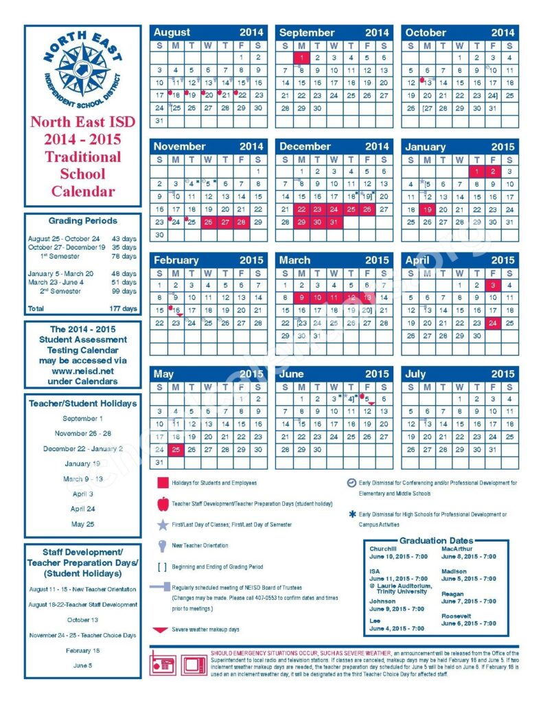 North East Independent School District NEISD Academic Calendar 2025