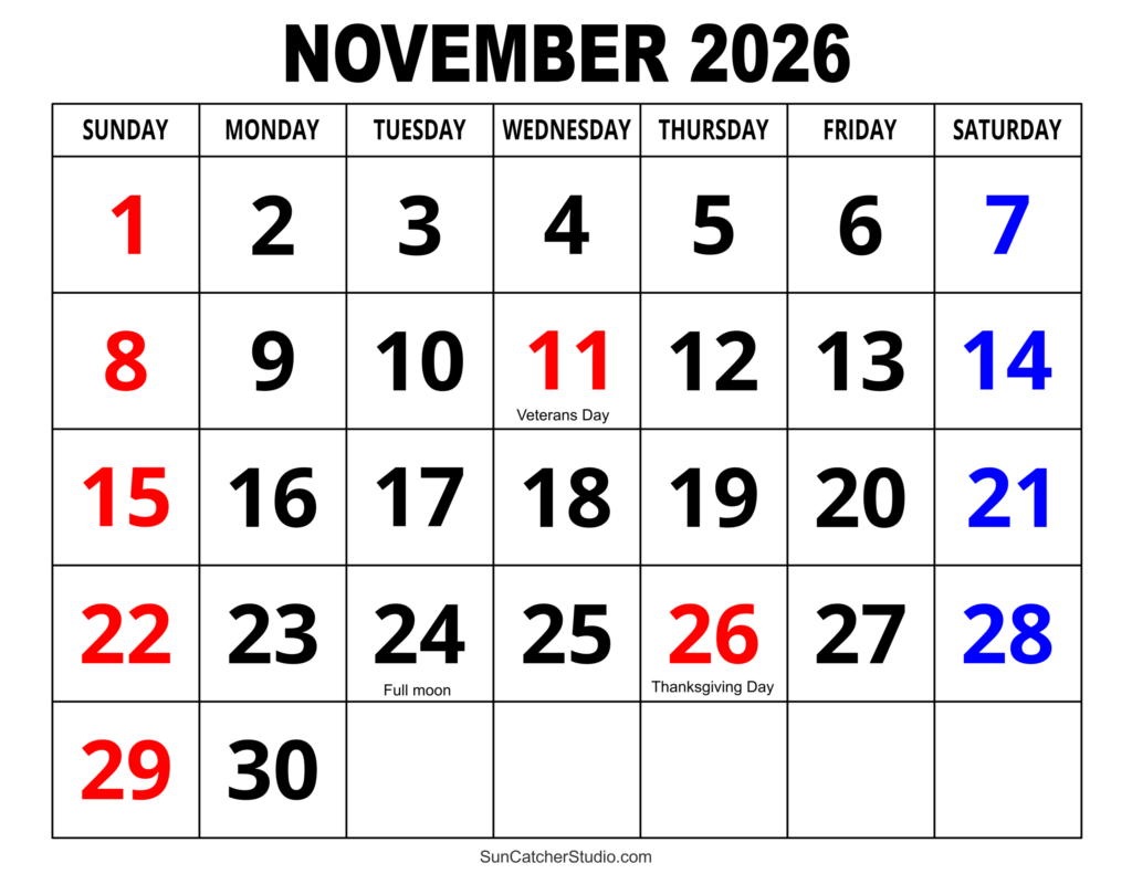 November 2026 Calendar Free Printable DIY Projects Patterns 