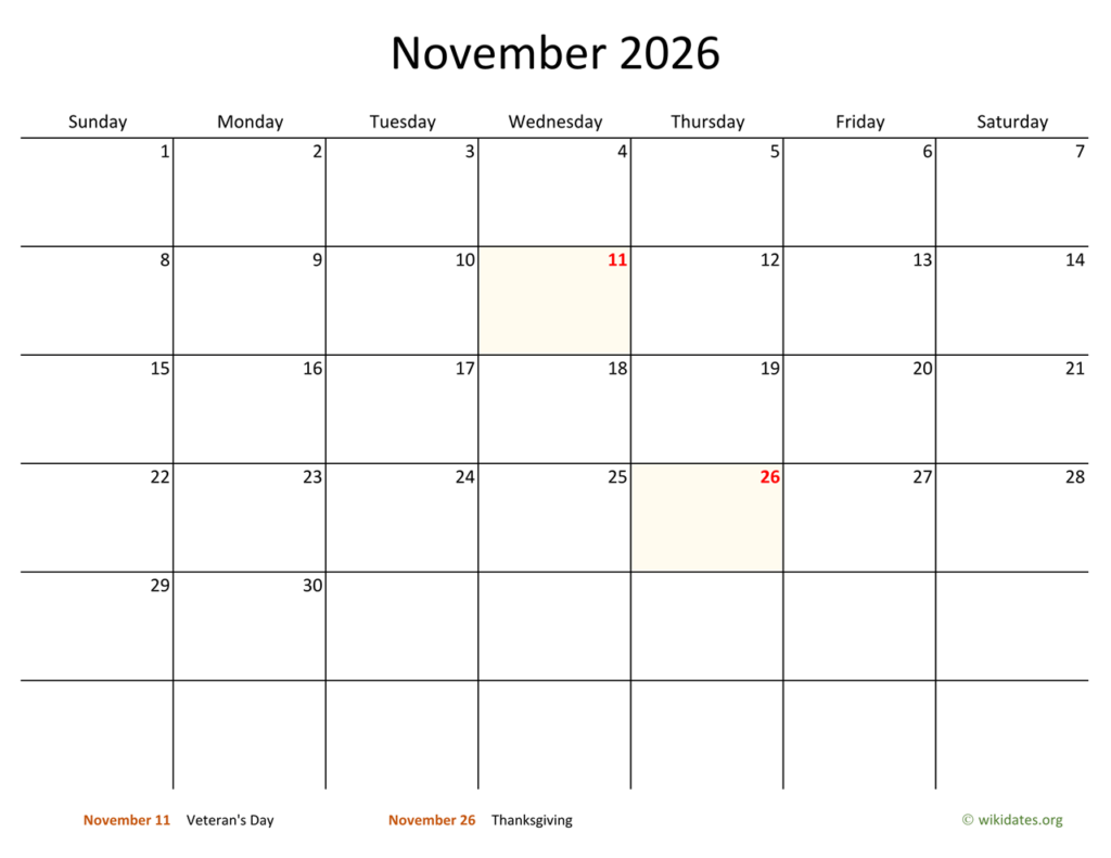 November 2026 Calendar With Bigger Boxes WikiDates