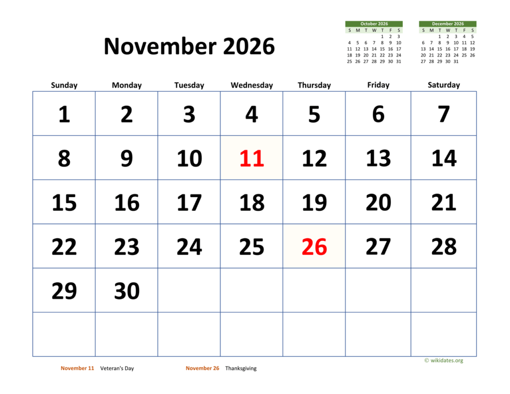 November 2026 Calendar With Extra large Dates WikiDates