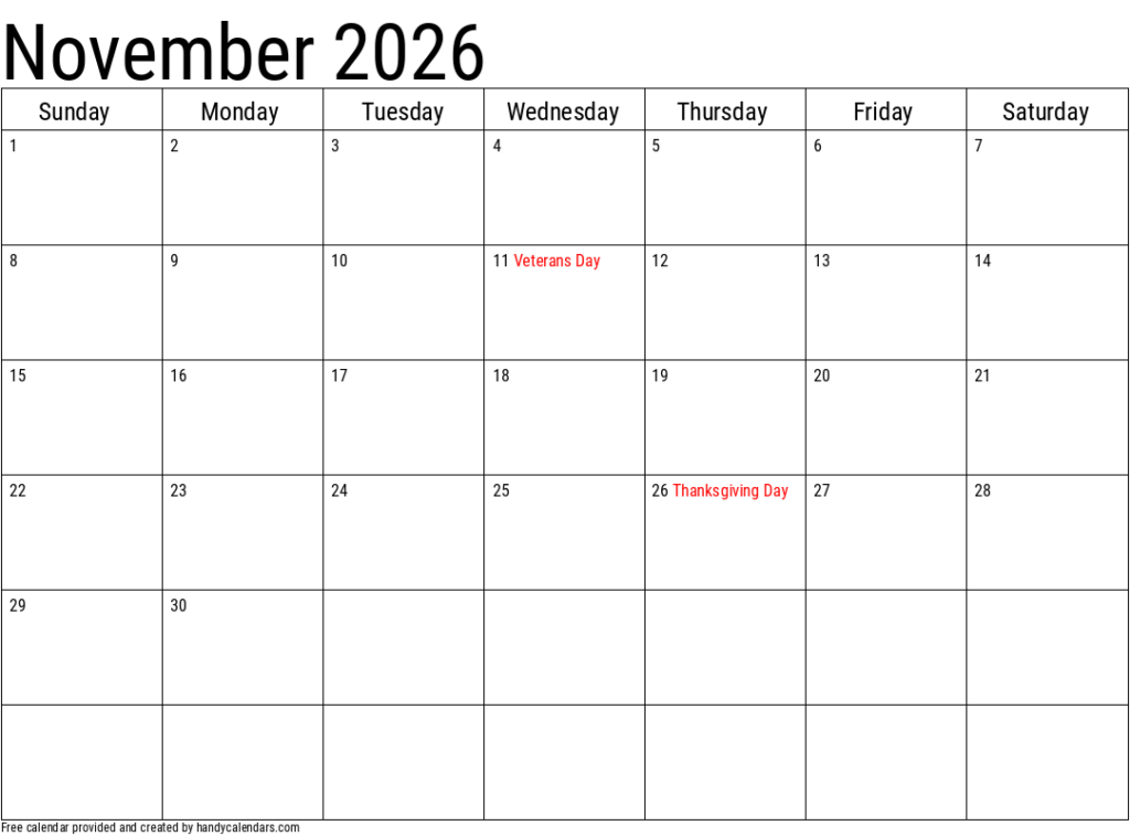 November 2026 Calendar With Holidays Handy Calendars