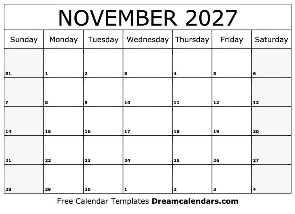 November 2027 Calendar Free Printable With Holidays And Observances
