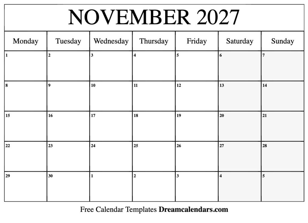 November 2027 Calendar Free Printable With Holidays And Observances