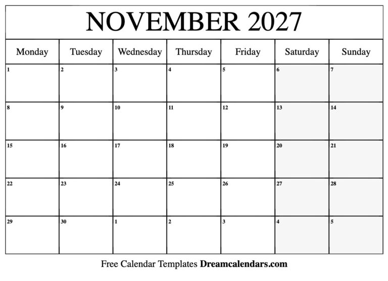 November 2027 Calendar Free Printable With Holidays And Observances