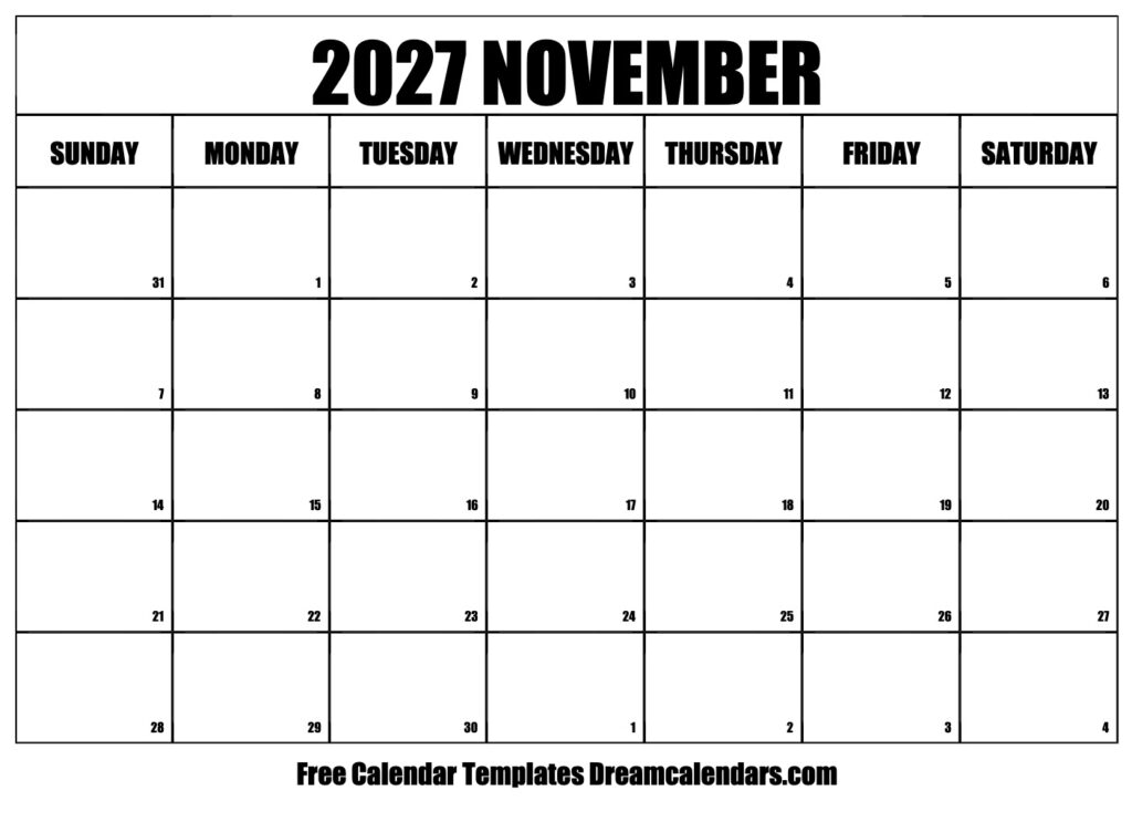 November 2027 Calendar Free Printable With Holidays And Observances