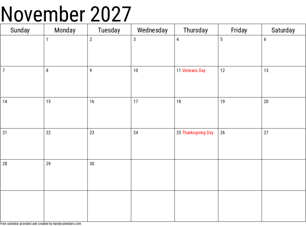 November 2027 Vertical Calendar Handy Calendars