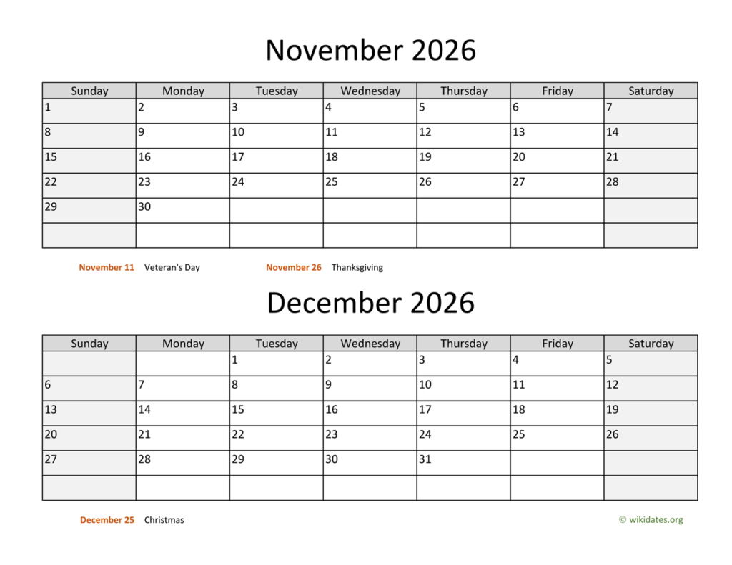 November And December 2026 Calendar WikiDates