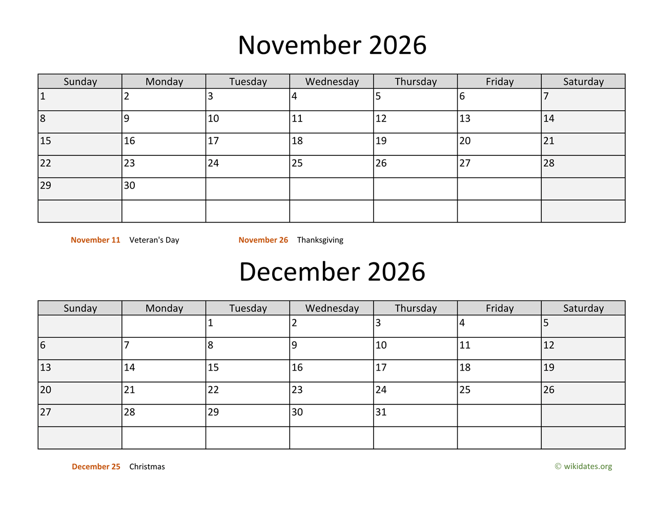 November And December 2026 Calendar WikiDates