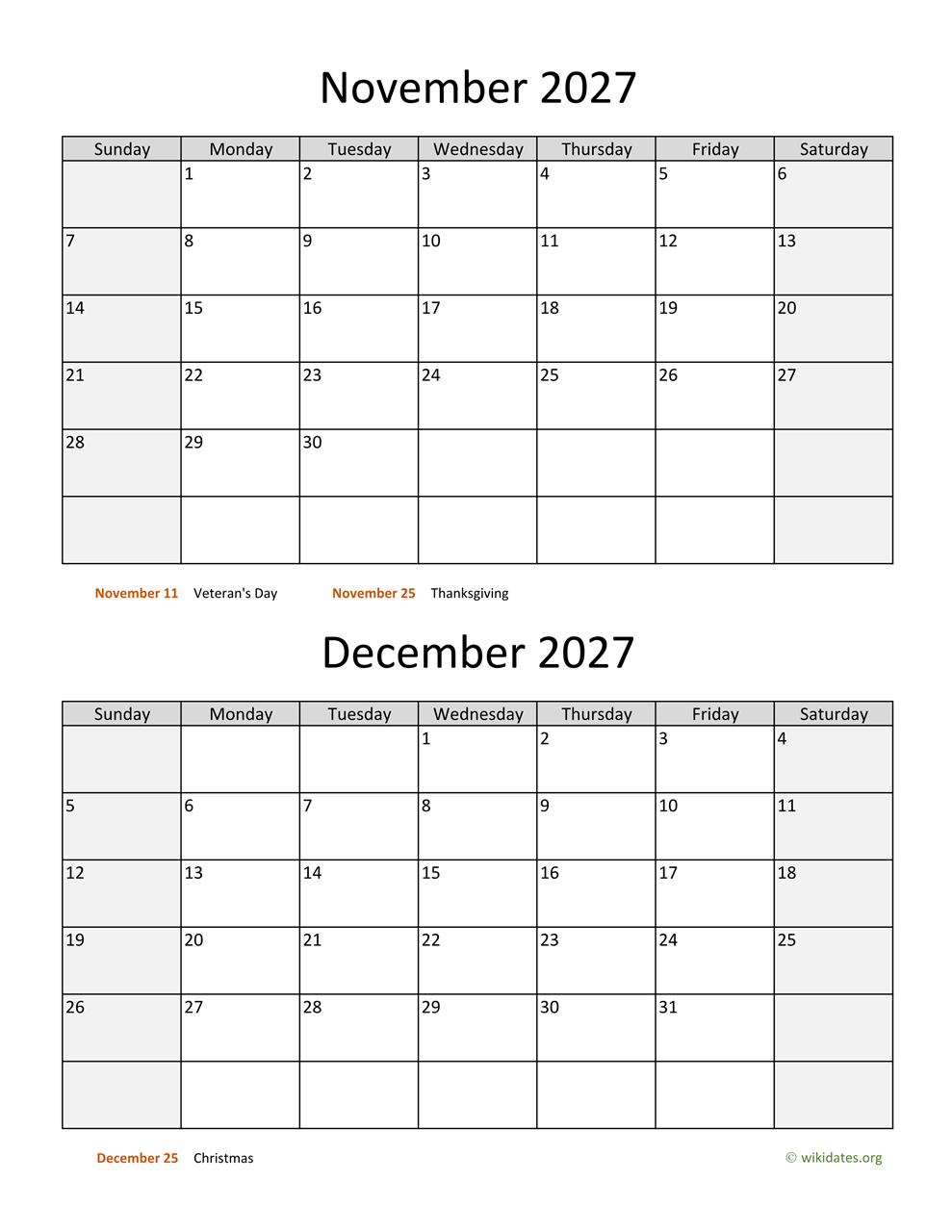 November And December 2027 Calendar WikiDates