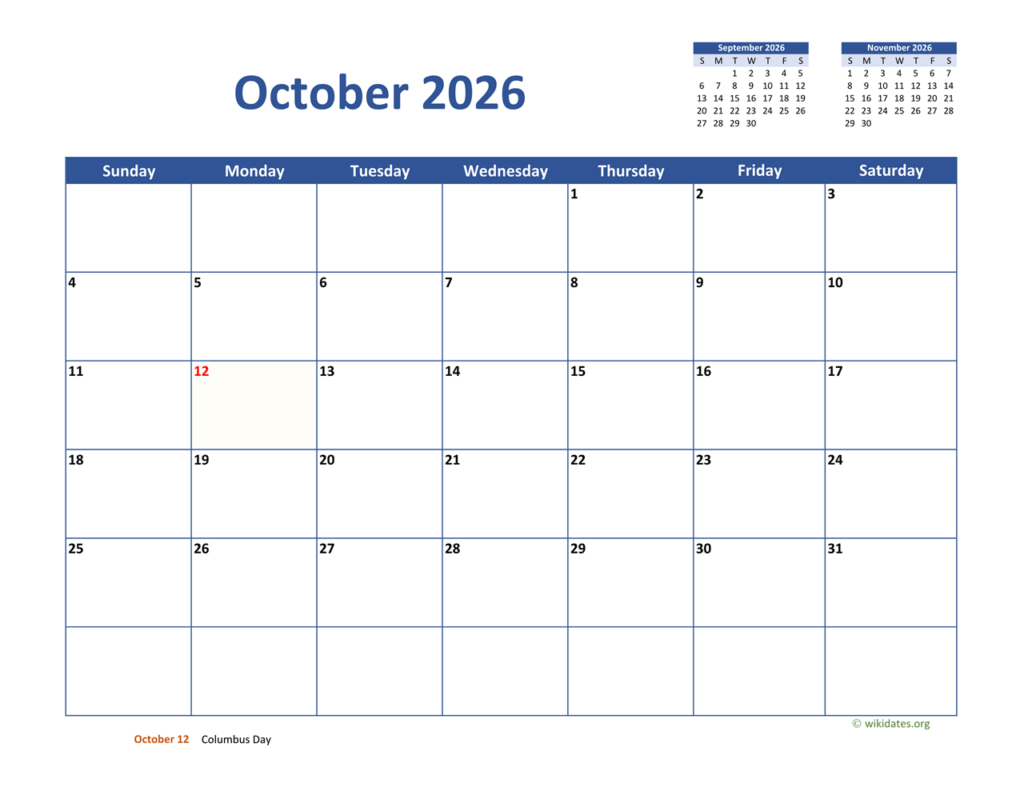 October 2026 Calendar Classic WikiDates