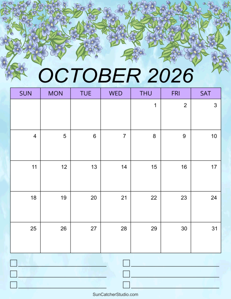 October 2026 Calendar Free Printable DIY Projects Patterns 