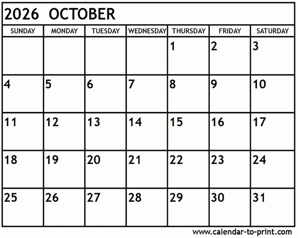 October 2026 Calendar Printable