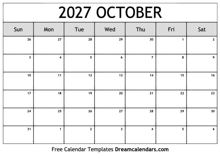 October 2027 Calendar Free Printable With Holidays And Observances