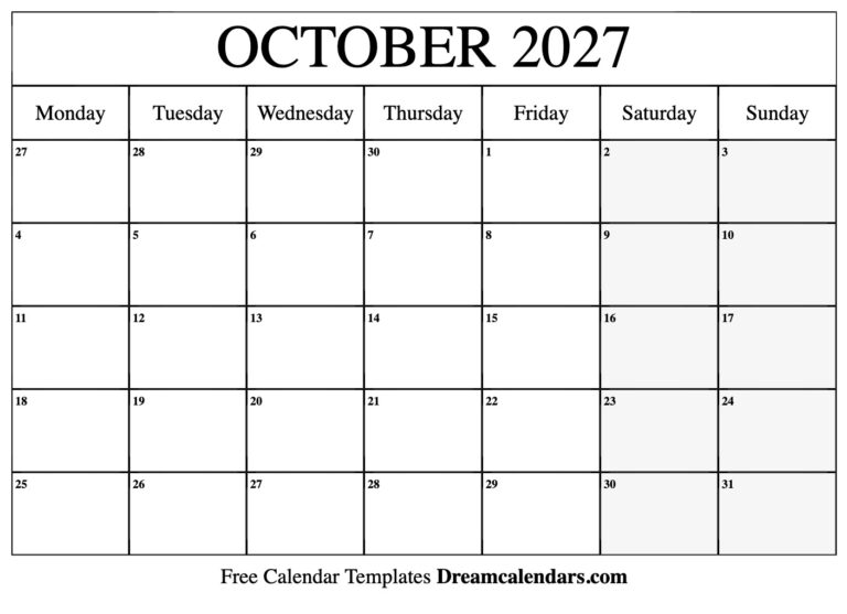 October 2027 Calendar Free Printable With Holidays And Observances