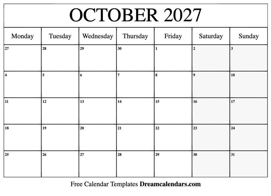 October 2027 Calendar Free Printable With Holidays And Observances