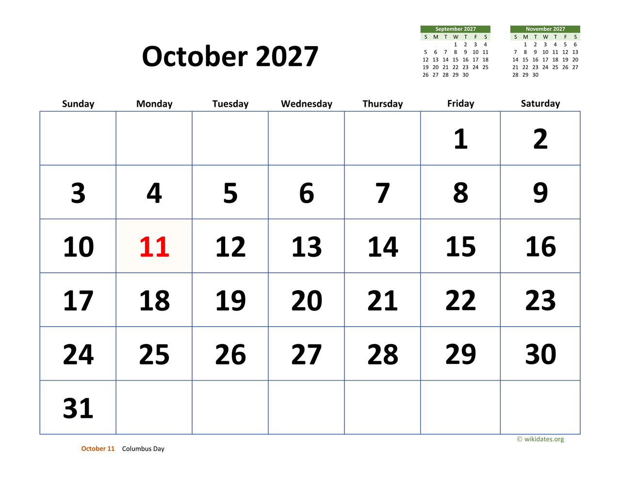 October 2027 Calendar With Extra large Dates WikiDates