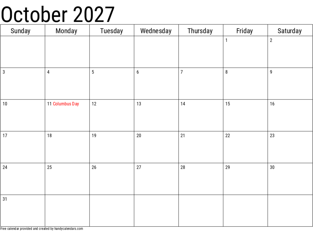 October 2027 Calendar With Notes Handy Calendars