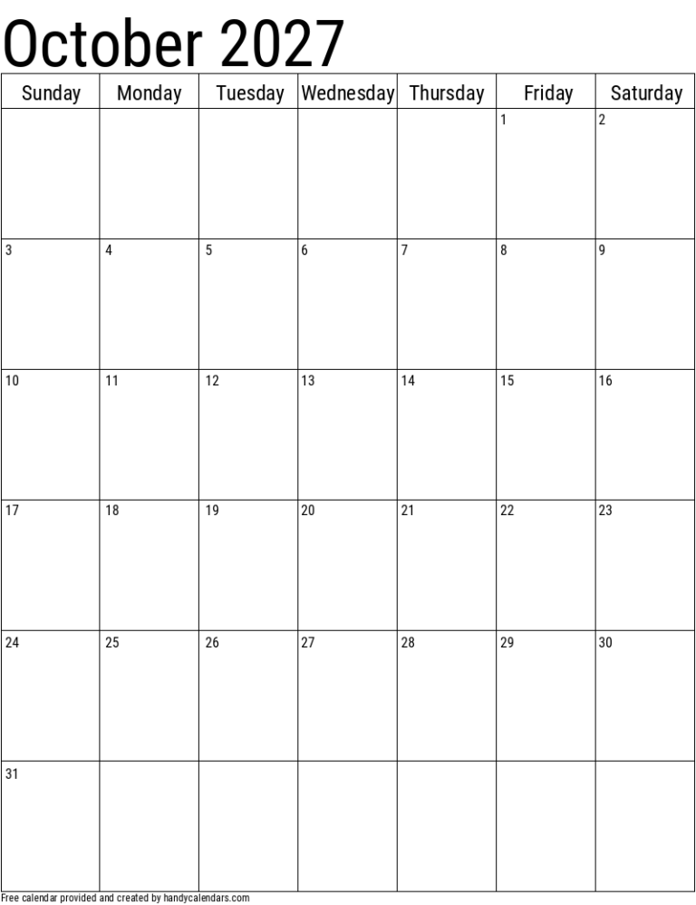 October 2027 Vertical Calendar Handy Calendars