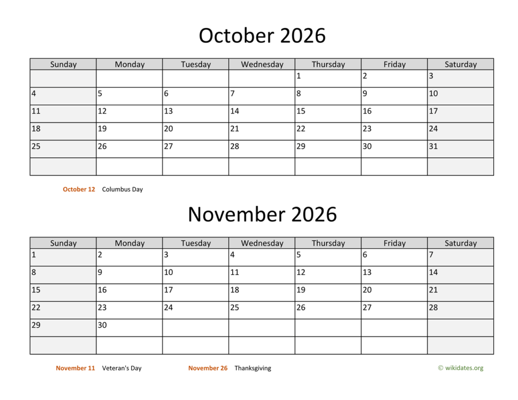 October And November 2026 Calendar WikiDates