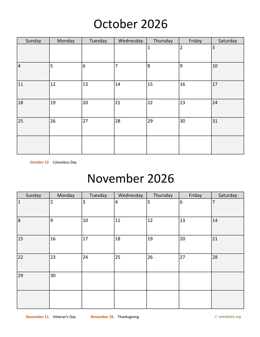 October And November 2026 Calendar WikiDates