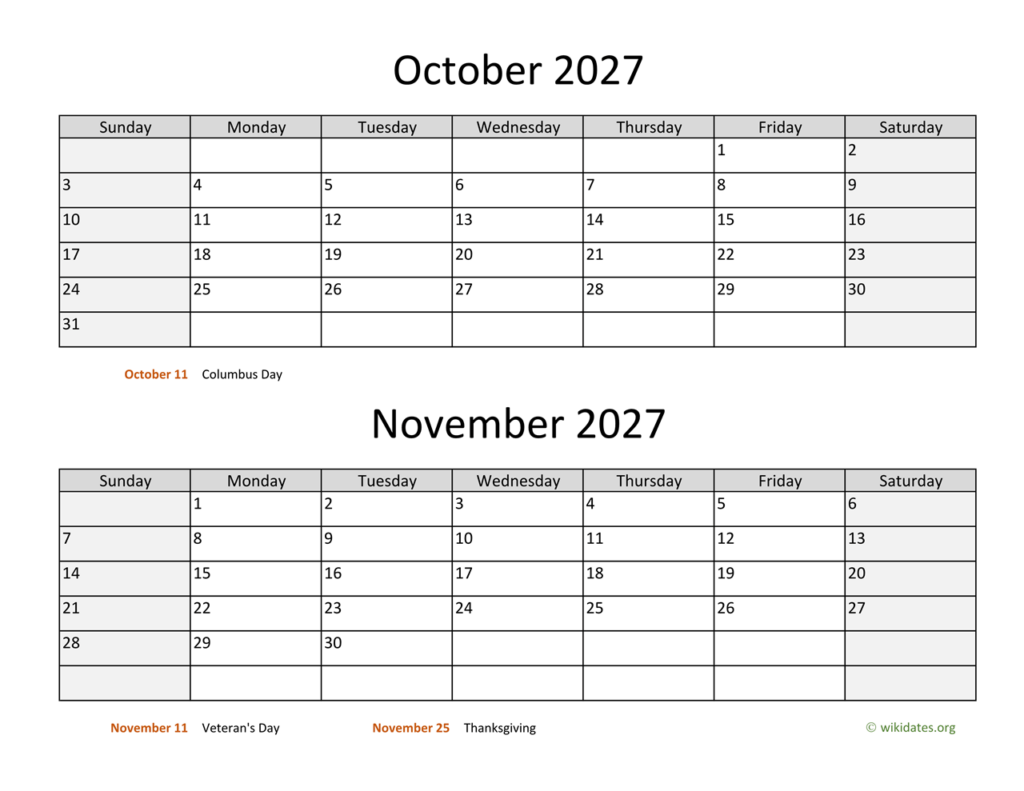 October And November 2027 Calendar WikiDates