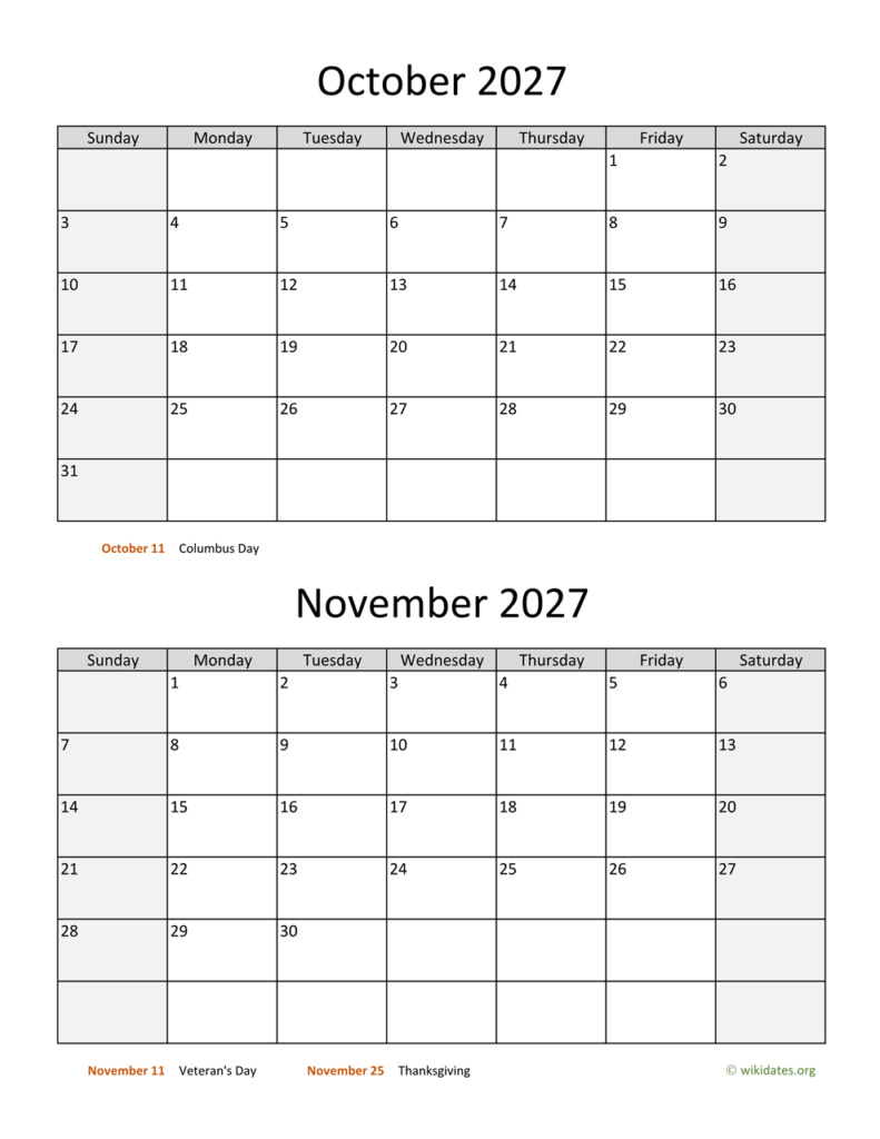 October And November 2027 Calendar WikiDates