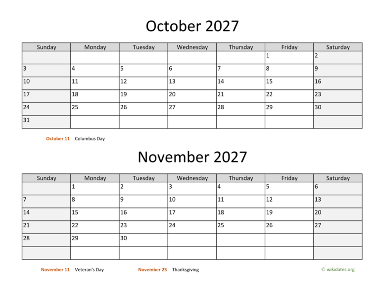 October And November 2027 Calendar WikiDates