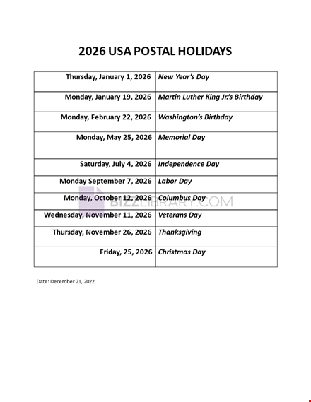 Postal Holidays 2026 USA