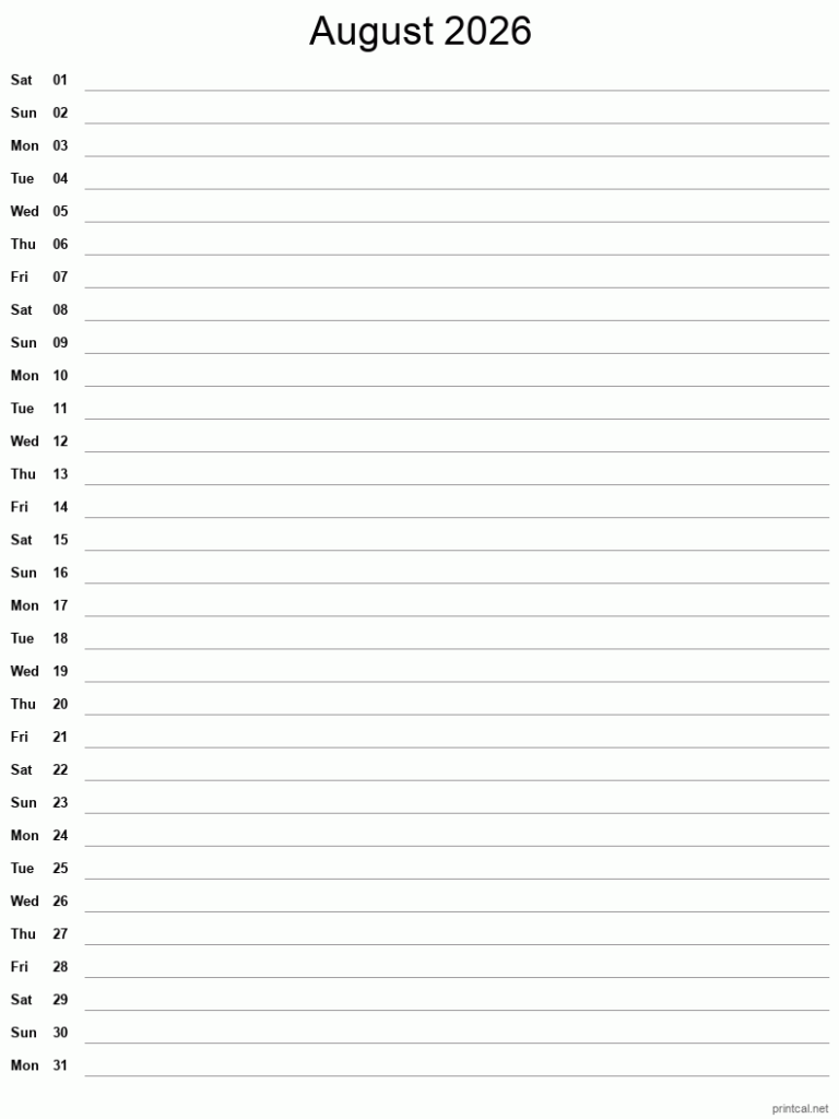 Printable August 2026 Calendar Free Printable Calendars