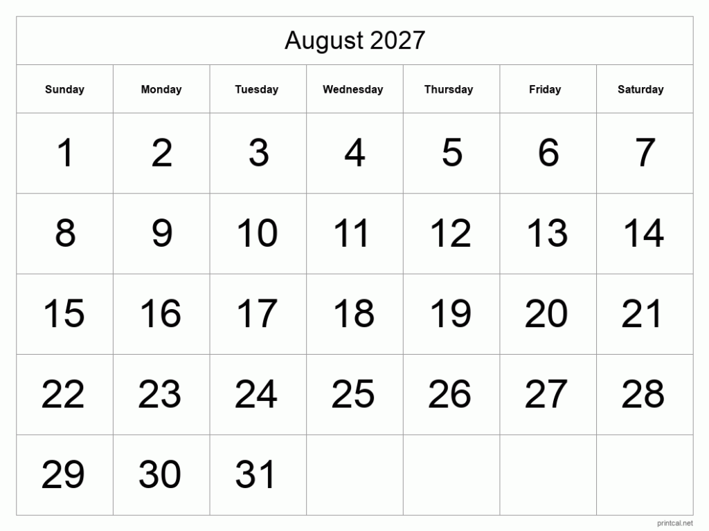 Printable August 2027 Calendar Free Printable Calendars