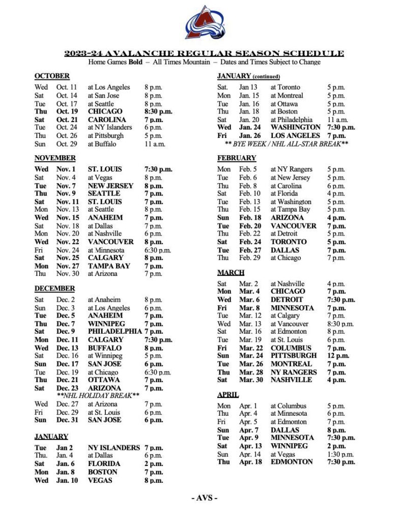 Printable Colorado Avalanche Schedule