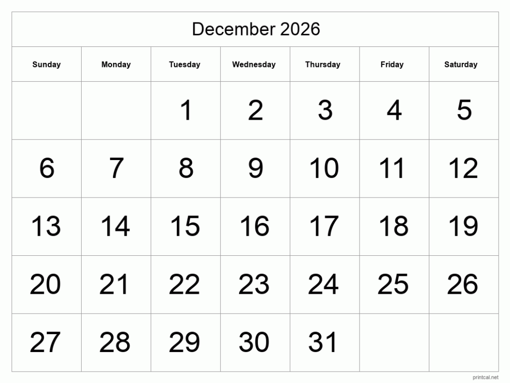 Printable December 2026 Calendar Free Printable Calendars