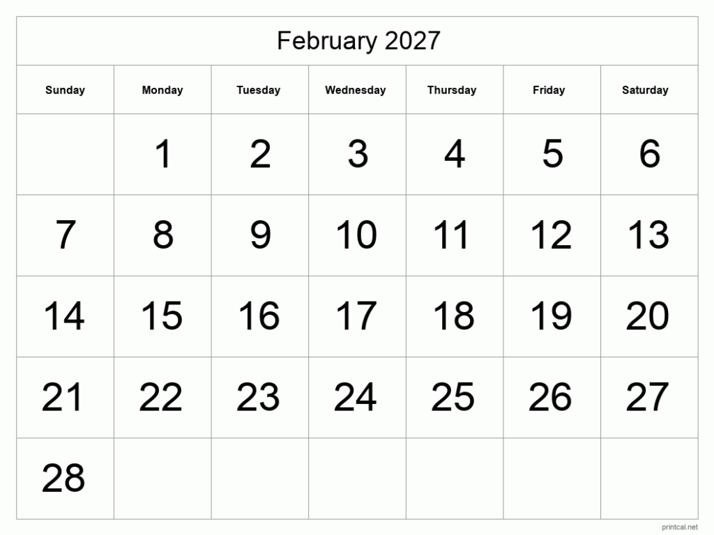 Printable February 2027 Calendar Free Printable Calendars