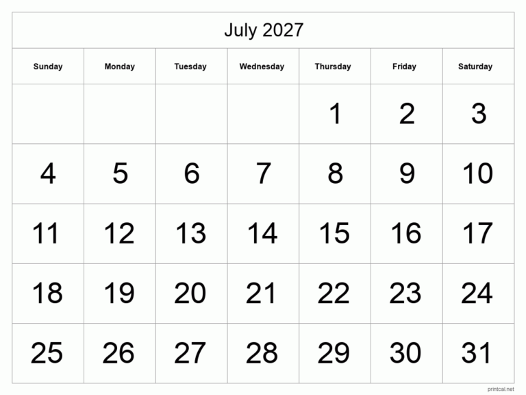 Printable July 2027 Calendar Free Printable Calendars