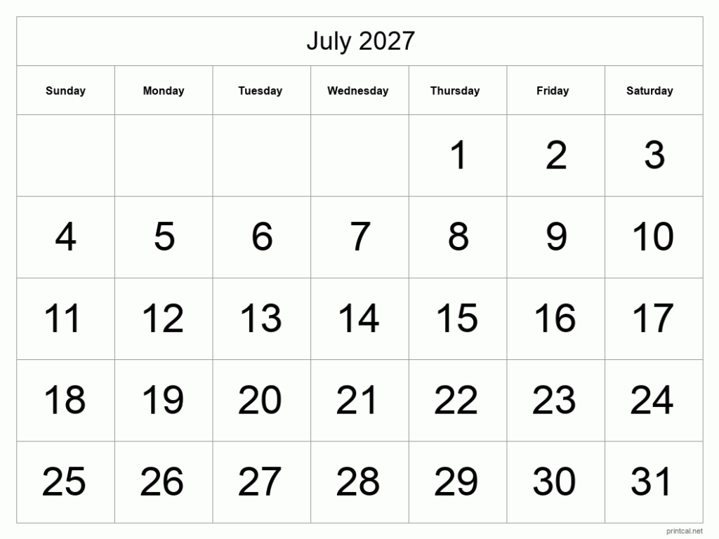 Printable July 2027 Calendar Free Printable Calendars