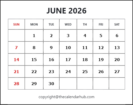 Printable June 2026 Calendar With Holidays