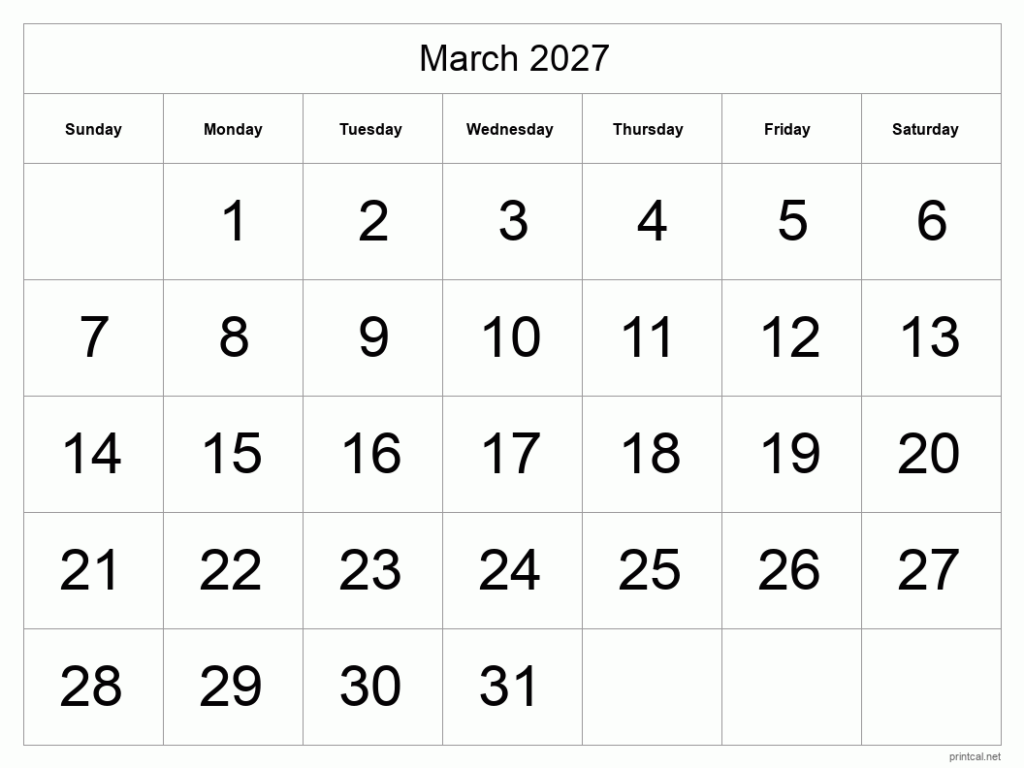 Printable March 2027 Calendar Free Printable Calendars